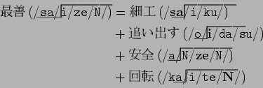 \begin{displaymath}\begin{split}$B:GA1(B({\tt /sa/i/ze/N/})\hspace{-24mm}$B!2!2(B\hspace...
...-23mm}$B!2(B\hspace{-0.8mm}$B!C(B\hspace{-0.6mm}$B!1!1!1!1(B  \end{split}\end{displaymath}