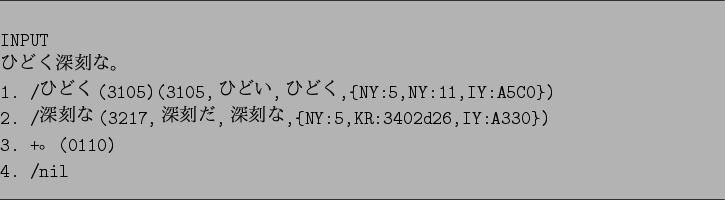 \begin{figure}\par
\hrule width 16cm
\vspace*{1em}
\begin{verbatim}INPUT
$B$R$I(B...
...d26,IY:A330})
3. +$B!#(B(0110)
4. /nil\end{verbatim}
\hrule width 16cm\end{figure}