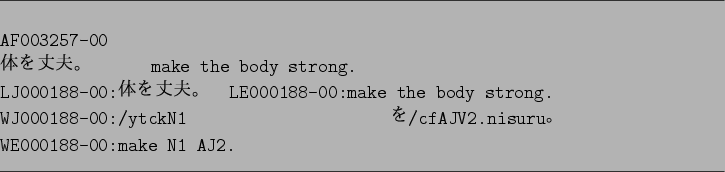 \begin{figure}\par
\hrule width 16cm
\vspace*{1em}
\begin{verbatim}AF003257-0...
....nisuru$B!#(B WE000188-00:make N1 AJ2.\end{verbatim}
\hrule width 16cm\end{figure}