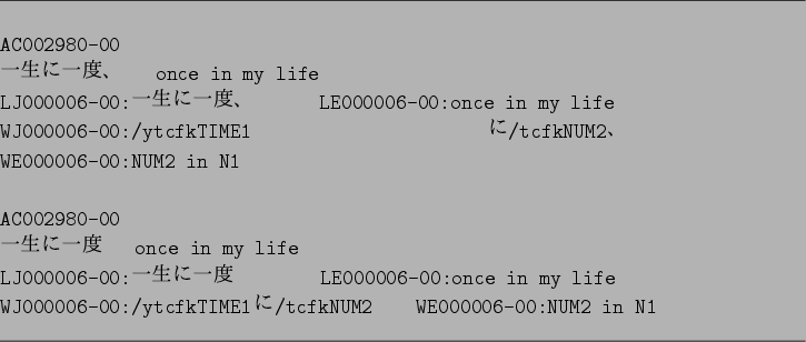 \begin{figure}\par
\hrule width 16cm
\vspace*{1em}
\begin{verbatim}AC002980-0...
...$B$K(B/tcfkNUM2 WE000006-00:NUM2 in N1\end{verbatim}
\hrule width 16cm\end{figure}