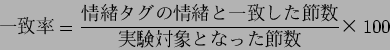 \begin{displaymath}
$B0lCWN((B = \frac{$B>p=o%?%0$N>p=o$H0lCW$7$?@a?t(B}{$B<B83BP>]$H$J$C$?@a?t(B} $B!_(B100
\end{displaymath}