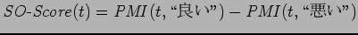 $\displaystyle {\it SO}{\mbox{-}}{\it Score}(t) = {\it PMI}(t,{\mbox {\lq\lq }}$BNI$$(B{\mbox {''}}) - {\it
PMI}(t,{\mbox {\lq\lq }}$B0-$$(B{\mbox {''}})$