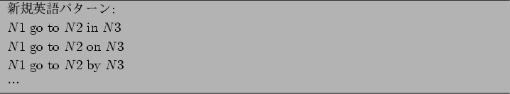 \begin{figure}\centering
\begin{tabular}{p{38zw}} \hline
$B?75,1Q8l%Q%?!<%s(B:\\
$N...
... on $N3$\\
$N1$ go to $N2$ by $N3$\\
$B!D(B\\
\hline
\end{tabular}
\end{figure}