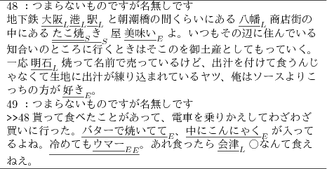 \begin{figure}\begin{center}
{\footnotesize
\begin{tabular}{l}
\hline
48 ：つ...
...なんて食え\\ ねえ。
\\
\hline
\end{tabular}}\end{center}\end{figure}