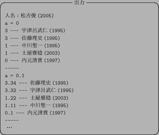 \begin{figure}\begin{center}
\begin{itembox}[c]{$B=PNO(B}
\begin{verbatim}$B?ML>!'>>(B...
...$BFb85@65.(B(1997)
-----
$B!&!&!&(B\end{verbatim}
\end{itembox}
\end{center}\end{figure}