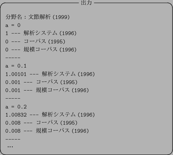 \begin{figure}\begin{center}
\begin{itembox}[c]{$B=PNO(B}
\begin{verbatim}$BJ,LnL>!'(B...
...$B%3!<%Q%9(B(1996)
-----
$B!&!&!&(B\end{verbatim}
\end{itembox}
\end{center}\end{figure}