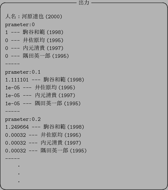 \begin{figure}\begin{center}
\begin{itembox}[c]{$B=PNO(B}
\begin{verbatim}$B?ML>!'2O(B...
...
-----
$B!!!!!&(B
$B!!!!!&(B
$B!!!!!&(B\end{verbatim}
\end{itembox}
\end{center}\end{figure}