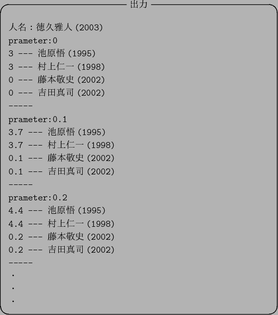 \begin{figure}\begin{center}
\begin{itembox}[c]{$B=PNO(B}
\begin{verbatim}$B?ML>!'FA(B...
...$BED??;J(B(2002)
-----
$B!&(B
$B!&(B
$B!&(B\end{verbatim}
\end{itembox}
\end{center}\end{figure}