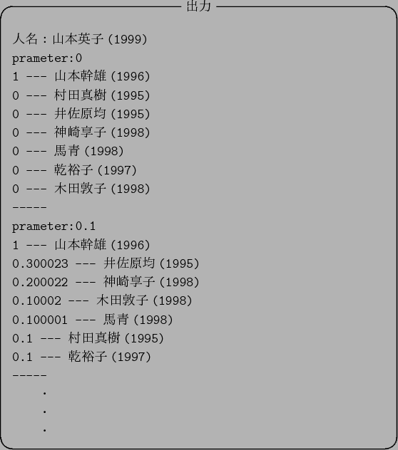 \begin{figure}\begin{center}
\begin{itembox}[c]{$B=PNO(B}
\begin{verbatim}$B?ML>!';3(B...
...
-----
$B!!!!!&(B
$B!!!!!&(B
$B!!!!!&(B\end{verbatim}
\end{itembox}
\end{center}\end{figure}