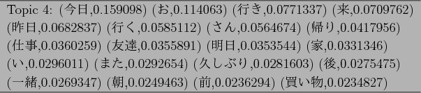 \begin{figure}\begin{center}
\begin{tabular}{l} \hline
Topic 4: ($B:#F|(B,0.159098) ...
...,0.0236294) ($BGc$$J*(B,0.0234827) \\
\hline
\end{tabular}
\end{center}\end{figure}