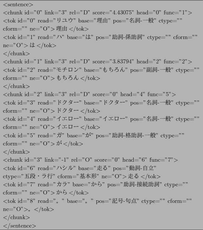 \begin{figure}\begin{center}
\begin{tabular}{l} \hline
$<$sentence$>$\\
$<$chun...
...chunk$>$\ \\
$<$/sentence$>$\ \\
\hline
\end{tabular}
\end{center}\end{figure}