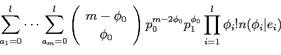 \begin{displaymath}\sum^l_{a_1=0} \cdots \sum^l_{a_m=0}
\left(
\begin{array}{c}...
...-2\phi_0} p_1^{\phi_0} \prod^l_{i=1} \phi_i! n(\phi_i\vert e_i)\end{displaymath}