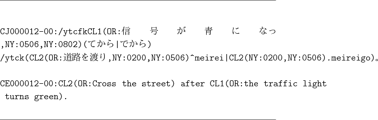\begin{figure}\hrulefill
\begin{verbatim}CJ000012-00:/ytcfkCL1(OR:信号が青...
...r CL1(OR:the traffic light
turns green).\end{verbatim}
\hrulefill\end{figure}