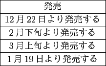 \scalebox{1}{
\begin{tabular}{\vert c\vert} \hline
\multicolumn{1}{\vert c\v...
...売する \\ \hline
1月19日より発売する \\ \hline
\end{tabular}
}