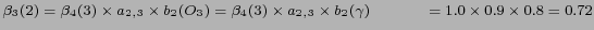 $ \beta_3(2)= \beta_4(3) \times a_{2,3} \times b_2 (O_3) = \beta_4(3) \times a_{2,3} \times b_2 (\gamma) \\
\hspace{1.1cm} = 1.0 \times 0.9 \times 0.8 = 0.72 $