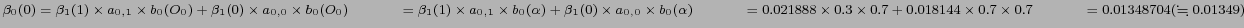 $ \beta_0(0)= \beta_1(1) \times a_{0,1} \times b_0 (O_0) +
\beta_1(0) \times a_...
...\times 0.7 \times 0.7 \\
\hspace{1.1cm} = 0.01348704 (\fallingdotseq 0.01349) $