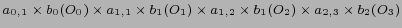 $ a_{0,1} \times b_0(O_0) \times a_{1,1} \times b_1(O_1) \times a_{1,2} \times b_1(O_2) \times a_{2,3} \times b_2(O_3) $