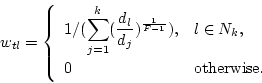 \begin{displaymath}%% \displaystyle
w_{tl} = \left\{ \begin{array}{ll}
1/(\dis...
...
& l \in N_k, \\
0 & \mbox{otherwise.}
\end{array} \right.
\end{displaymath}